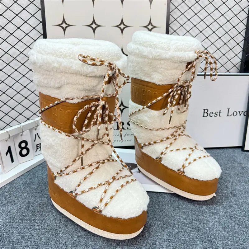 Winter New Women's Moon Boots - Platform Plush Snow Boots with Enhanced Thermal Insulation and Anti-Slip , Fashion Ski Style Winter Shoes for Cold Weather Soft Dog Warm Faux Fur Mid-Calf Waterproof Dog Snow Boots Set Fur Lined Snow Boots