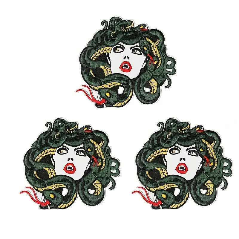 Medusa Embroidered Iron & Sew on Patches Set (3 Pcs) - Punk Style DIY Alt Fashion Accessory for Clothing, Backpacks