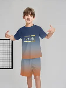 Blue and orange gradient Calvin letter two-piece set, short-sleeve shirt and shorts set, 100% polyester casual loose fit set, fun printed pattern for summer, outdoor sports T-shirt set, perfect gift for boys