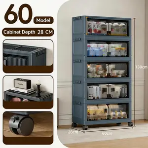 5 Tier Folding Storage Containers with Wheels, Stackable Collapsible Plastic Bins, Durable Organizer for Kitchen Pantry and Closet