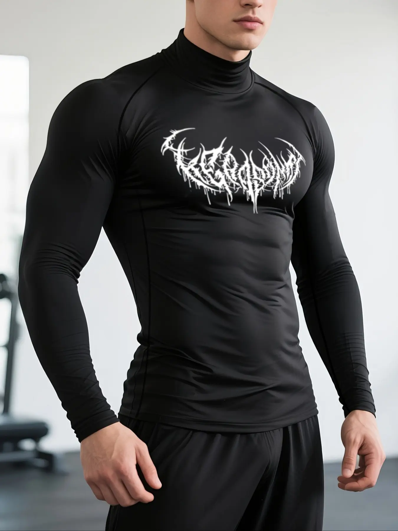 1-Pack Men's Quick Dry Stretch Fitness T-Shirt, Athletic Tops, Fitness Clothes Tops, High Neck Long Sleeve Compression Top with Vintage Totem Print, Moisture Wicking, Elastic Fabric, Gym Training & Performance Sportswear
