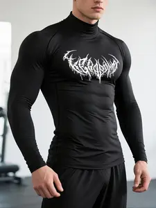 1-Pack Men's Quick Dry Stretch Fitness T-Shirt, Athletic Tops, High Neck Long Sleeve Compression Workout Top with Vintage Totem Print, Moisture Wicking Athletic Shirt, Elastic Fabric, All Season Wear, Gym Training & Performance Sportswear