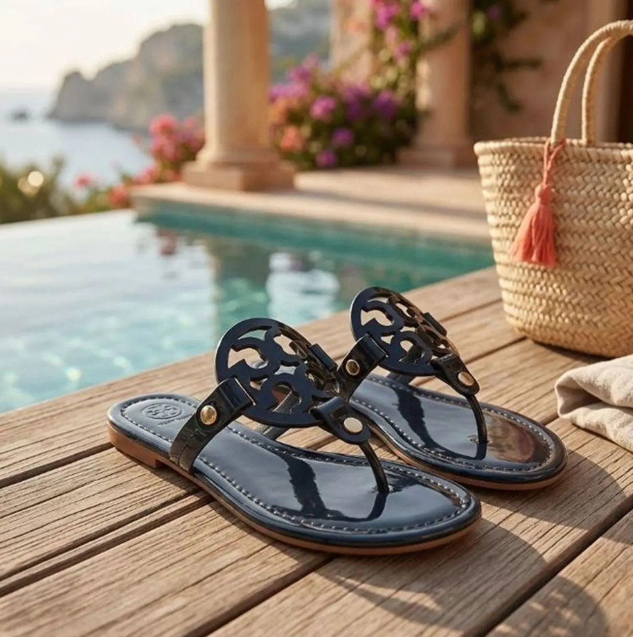 Women's Fashion Flat Flip Flop Sandals, Patent Leather Open Toe Slip On Summer Thong Sandals