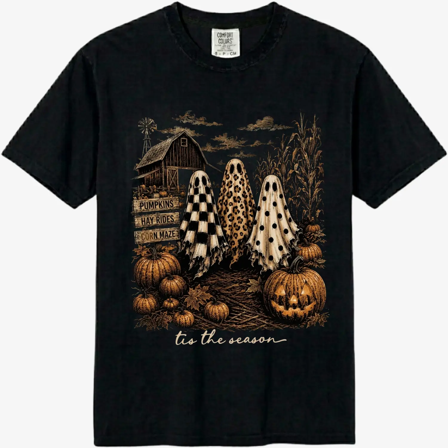 Comfort Colors Tis the Season Ghost Trio Shirt | Pumpkin Patch Ghosts Graphic Shirt | Checkered Leopard Halloween Outfit | Cute Fall Farmhouse Gift
