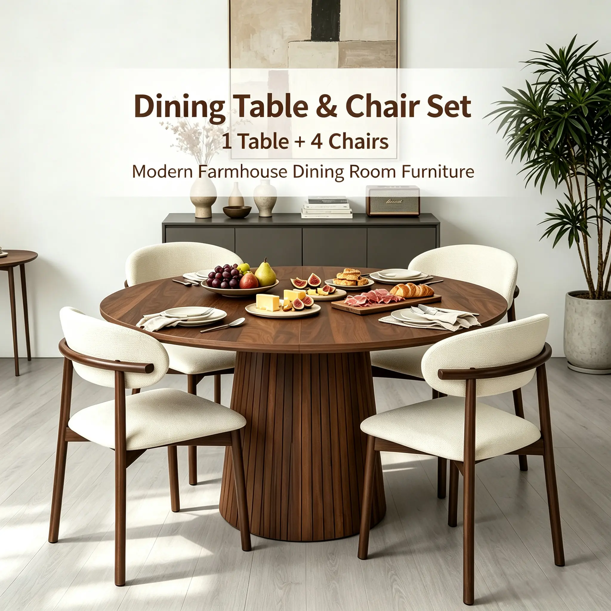 Modern 5-Piece Farmhouse Dining Table Set - 47" Round Dining Table, 4 Solid Oak Chenille Chairs, X-Frame Support, Scratch-Resistant, Durable, Assembly Required, Fire Safety Label, for Kitchen, Walnut+Beige