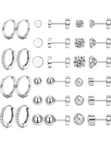 Fashionable 16 Pairs Silvery Simple Flat Back Earrings Hypoallergenic Stainless Steel 304 Surgical Steel Stud Hoop Earrings for Women Men Small Cartilage Earrings Set for Multiple Piercings