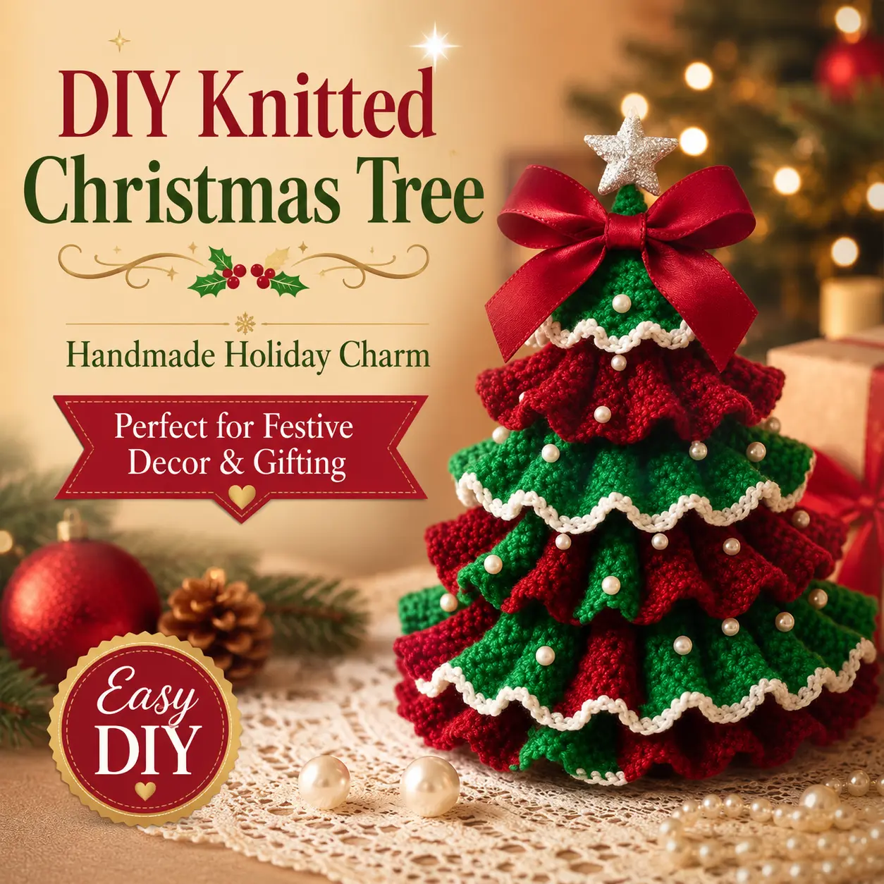 DIY Knitted Christmas Tree Decor, Handmade Crochet Christmas Tree Ornament, Cozy Holiday Tabletop Decoration with Red Green Yarn Design, Festive Home Decor Gift for Christmas Party