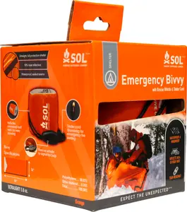 S.O.L. Survive Outdoors Longer Compact Emergency Survival Kit, Survival Tool, 90% Heat Reflective Emergency Bivvy, Waterproof Seal, Whistle, Tinder Paracord Drawstring, for Outdoor Use, Orange