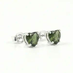 Moldavite Faceted Dainty Heart Shaped Earring studs in 925 sterling silver (4mm)