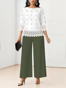 Elegant Lace Patchwork Top Blouse, Medium Sleeve, Regular Hem, Single Piece, Women's Fashion, Casual Wear, Perfect for All Seasons