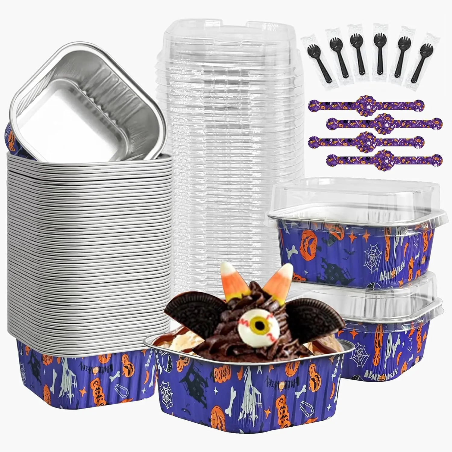 Mini Cake Pans With Lids And Spoons of  5 oz 50 Pack Individual Small Cake Aluminum Foil Pans Disposable Square Mini Brownie Baking Cupcake Liners Muffin Tin tins (Purple , 5oz)