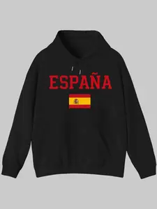 Black Fleece-Lined Fitted Hoodie Sweatshirt - ESPAÑA Lettering & Spanish Flag Graphic | Spain Themed Casual Fall/Winter Wear