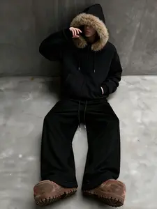 Men's Casual Zipper Fur Hoodie and Straight Leg Drawstring Pants Set, Pockets, Detachable Fur Collar, Fall & Winter Streetwear