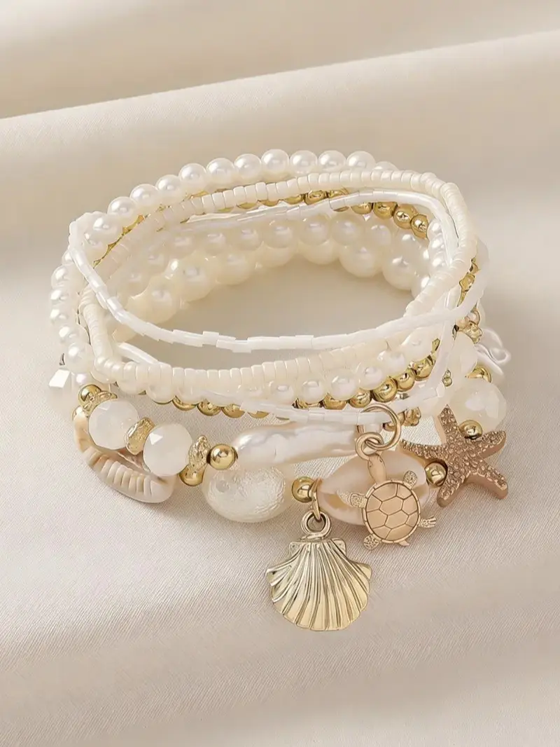 Women’s Boho Shell and Starfish Bracelet Set, Beach-Style Jewelry for Parties, Vacations and Daily Wear