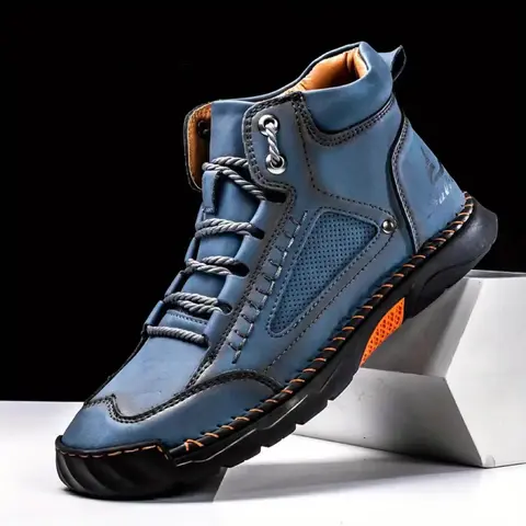 Men's Blue Suede-Mesh Blend High-Top Ankle Shoes - Lace-Up Closure, Handcrafted Stitching, Breathable Perforated Design, Anti-Slip Rubber Sole, High-Top Ankle Hold for Outdoor Hiking, Daily Wear