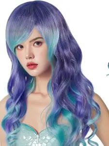 Hair Cap+ Colorful Wigs for Women Long Purple Curly Wig Ombre Princess Costume Adult Mermaid Wig Rainbow Funny Wig Synthetic Hair Pieces for Halloween Party