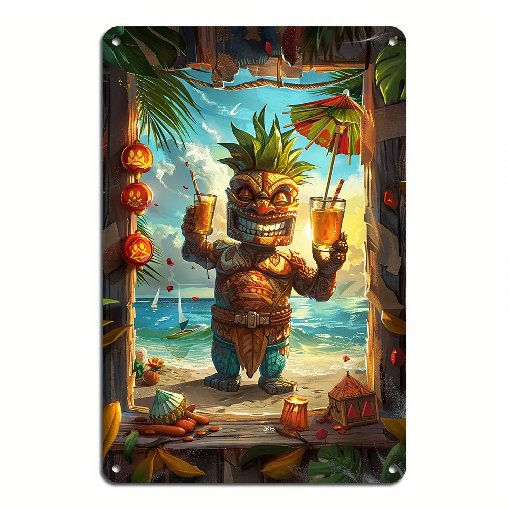 8x12 in Vintage Tiki Time Aluminium Tin Sign - Hanging Wall Art for Tiki Bar, Home Decor, Easy-Install Plaque, Perfect Gift Idea
