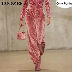UOOZEE Women's New Autumn Pink Velvet High Waist Pockets Pants(Only) Buttoned Loose Fit Full Length Trousers, Pleated Pants Matching Bottoms, Ideal for Evening Events, Brunch Dates & Smart-Casual Gatherings(ordering 1 Size Up for A Comfortable, Relaxed)