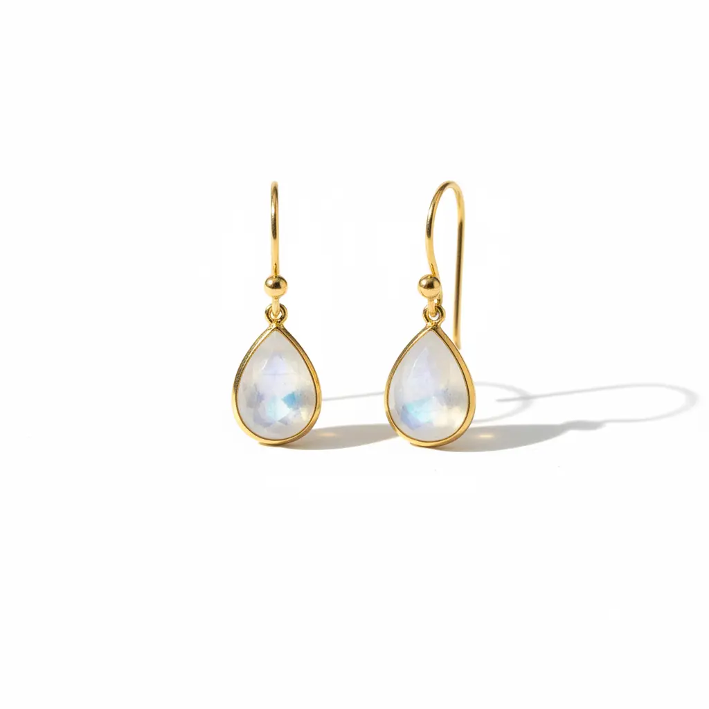 Rainbow Moonstone Pear Drop Earrings 14K Gold Plated 925 Sterling Silver 25mm