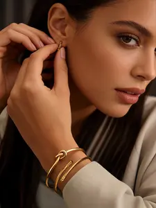 2pcs Set 18K Gold Plated Stainless Steel Stackable Bangle Set - Minimalist Adjustable Cuff Bracelets for Women