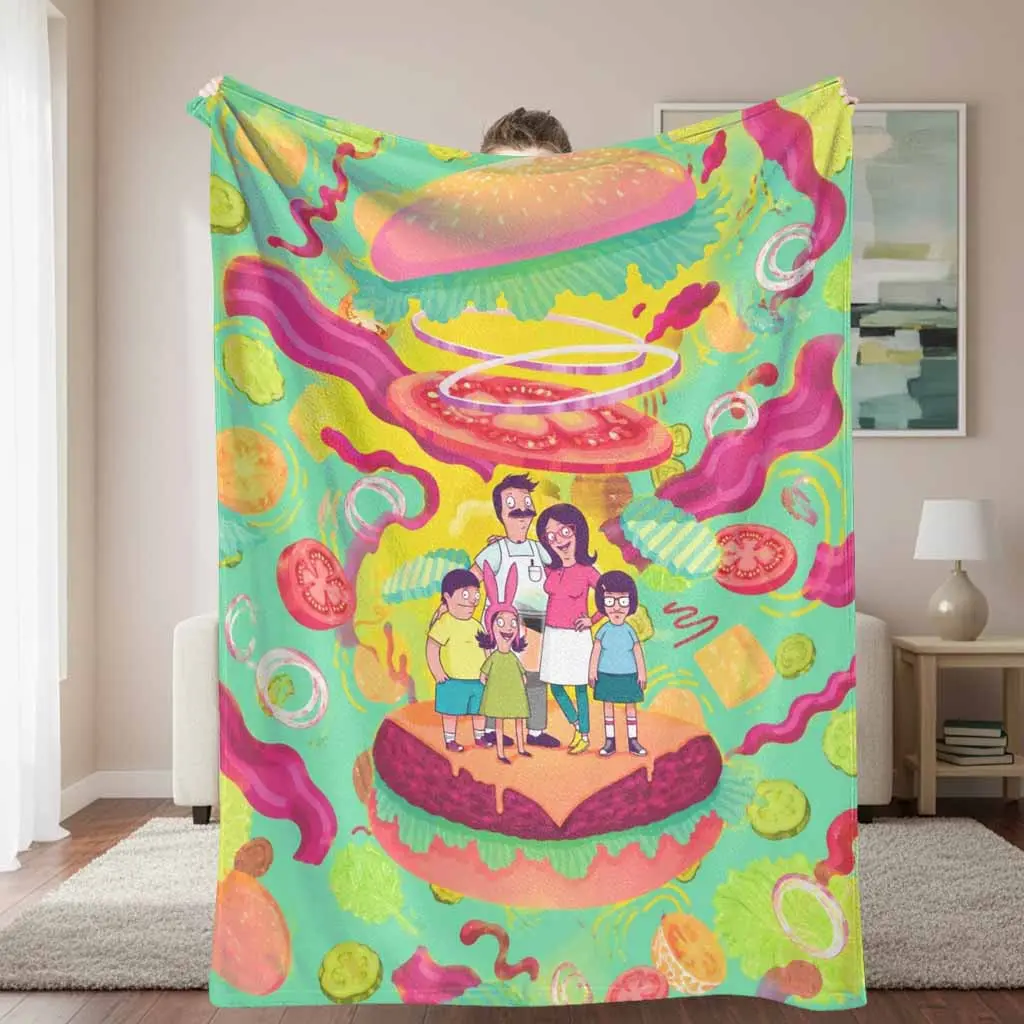 Colorful Cartoon Burger Print Flannel Blanket - Ultra Soft, Cozy, Warm, Lightweight, Breathable, Wrinkle Resistant, Durable - Machine Washable Throw Blanket for Sofa, Daily Office Life, Gift Use, Hd Resolution