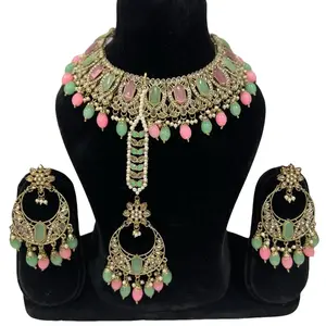 Kundan Polki Monalisa Stone Necklace Set with Earrings and Tikka for Parties and Special Occasions High Quality Elegant Design