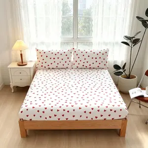 Simple Love Print Fitted Sheet, soft and comfortable 3-piece set, suitable for bedrooms and guest rooms, deep pocket design, includes 1 fitted sheet and 2 pillowcases, Bedsheet Sets