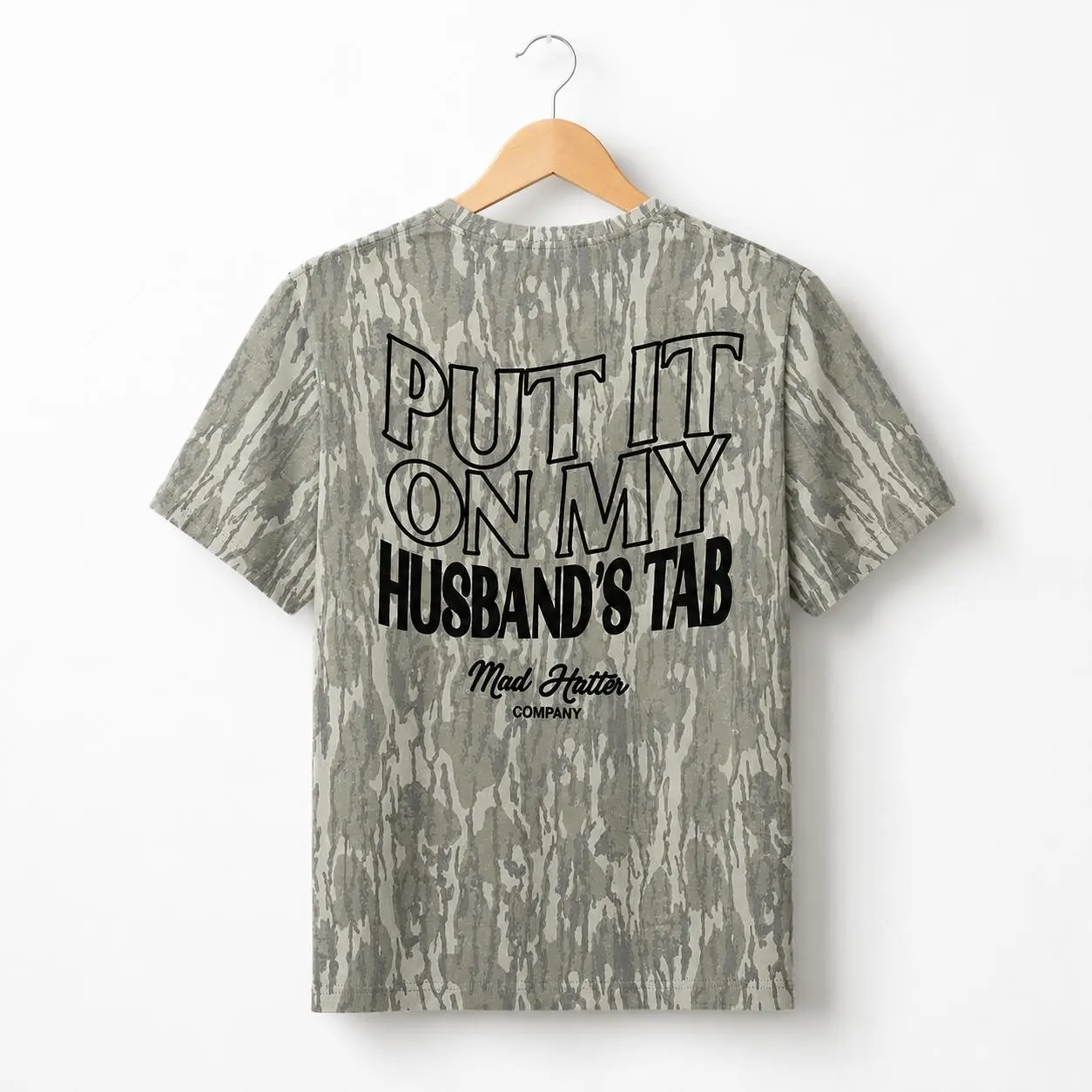 Put It On My Husband’s Tab Camo Graphic T Shirt for Women Funny Wife Tee Country Outdoor Hunting Style Short Sleeve Shirt