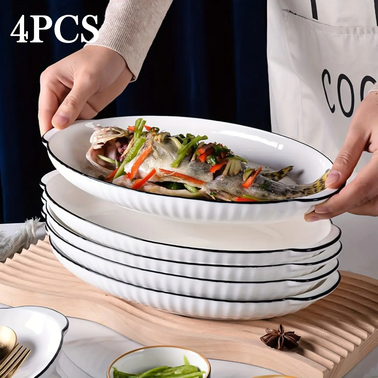 4pcs Ceramic Dinner Plates, 12inch Fish Plates, Exquisite Serving Plates, Ceramic Dinnerware Set, Microwave Safe, Multifunctional, Restaurant & Home Use