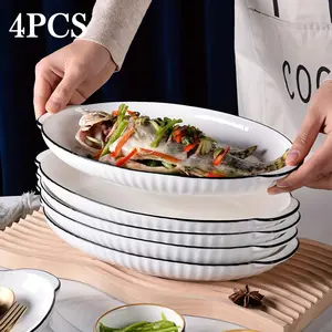 4pcs Ceramic Dinner Plates, 12inch Fish Plates, Exquisite Serving Plates, Microwave Safe, Multifunctional, Restaurant & Home Use