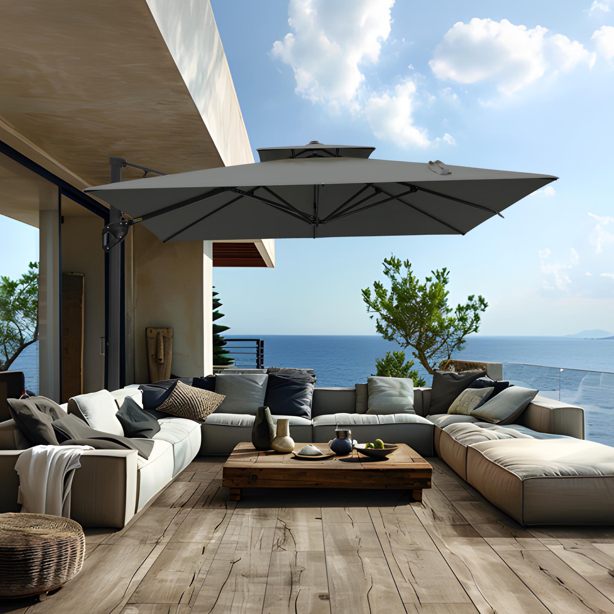 PHI VILLA 9ft X 12ft Cantilever Patio Umbrella with 360° Rotation, Heavy Duty Hydraulic Double Umbrella Windproof for Outdoor Use, Summer's Day