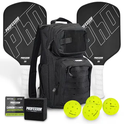 Professor Pickleball PHD Bundle - 2 PHD Carbon Fiber Paddles, Court Commander Backpack, 4-Pack Balls, Paddle Eraser for Outdoor Play, Boosts Accuracy & Maximum Spin