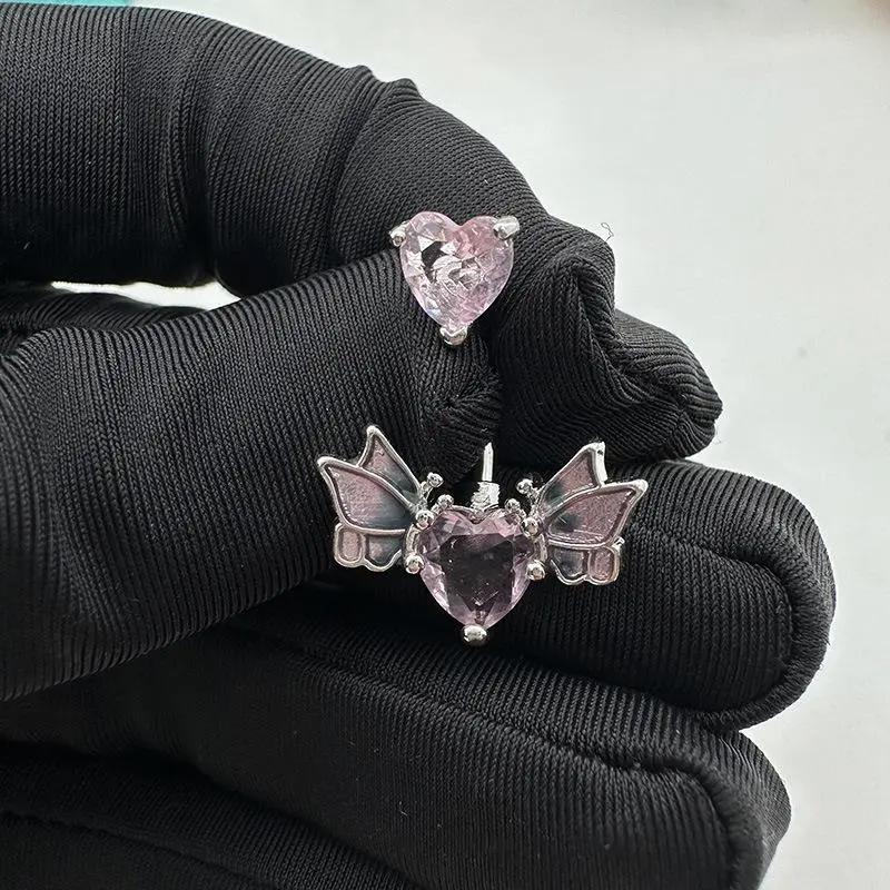 Women's Glamorous Butterfly-Inlaid Dangle Navel Ring - Enamel Wings, Rhinestone Heart Charm, Winged Charm - Unisex Wear Engagement Costume Body Jewelry