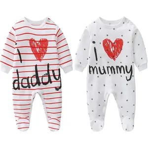 X-NG03  2-Pack Baby Clothes Newborn Bodysuits I Love Daddy &Mummy Romper, Cotton Footed Pajamas for Baby Boys and Girls