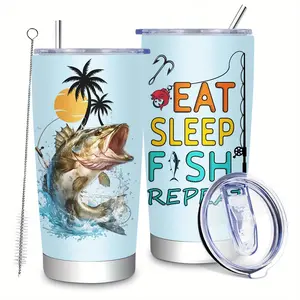 20oz Stainless Steel Insulated Fishing Tumbler with Straw and Cleaning Brush - BPA-Free, Sealed Travel Mug for Men & Women, Ideal for Coffee & Cold Drinks, Perfect Angler's Gift for Birthdays & Christmas