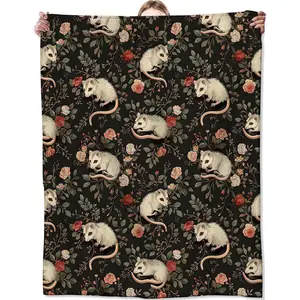 Flannel Blanket | Elegant Opossum Flannel Blanket, Soft Throw With Floral Botanical, Lightweight Cozy Blankets For All Seasons, Vintage Home Decor And Gifts For Flower And Animal Lovers | Gift Blanket / All Season