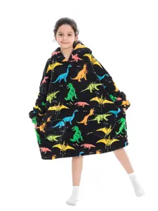 Super Soft Cute Cat Dog Print Loungewear, Long Sleeve Loose Fit, Fall & Winter Home Wear, Plus Size Available, Cozy Hooded Blanket, Dinosaur Print Blanket