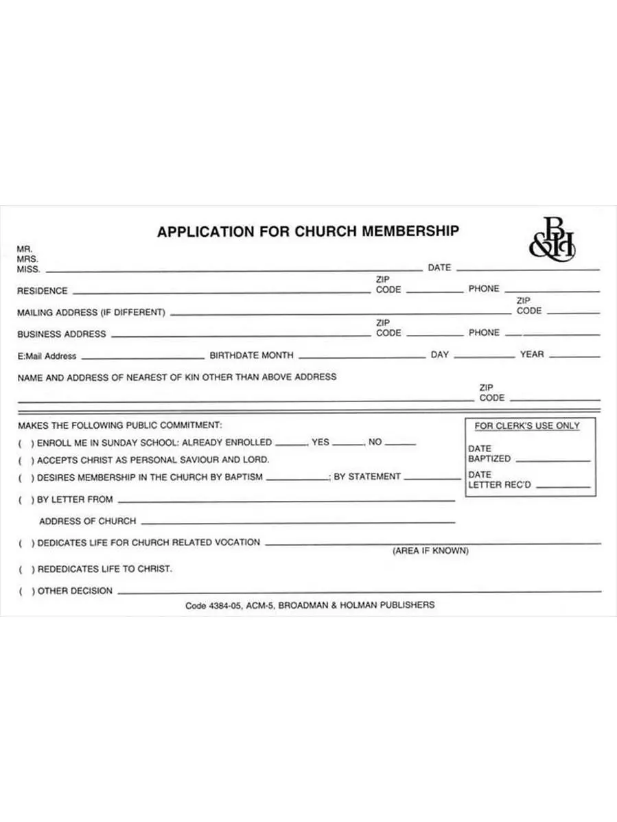 B & H Publishing Group 465256 Form Application For Church Membr No. Acm5