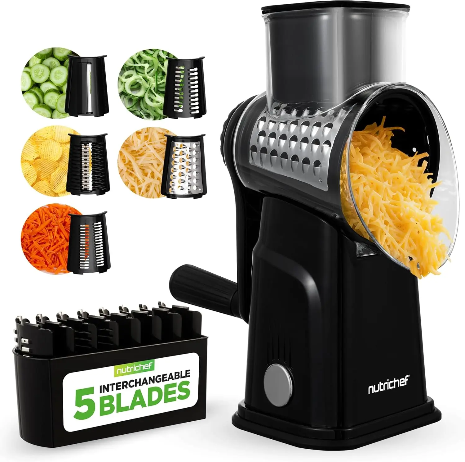 NutriChef Black 5-in-1 Cheese Grater & Slicer - Sturdy Kitchen Utensil, Hand Crank Multipurpose Shredder for Home Cooks with Suction Base, 5 Interchangeable Blades, Efficient Cleanup, Reduces Hand Strain