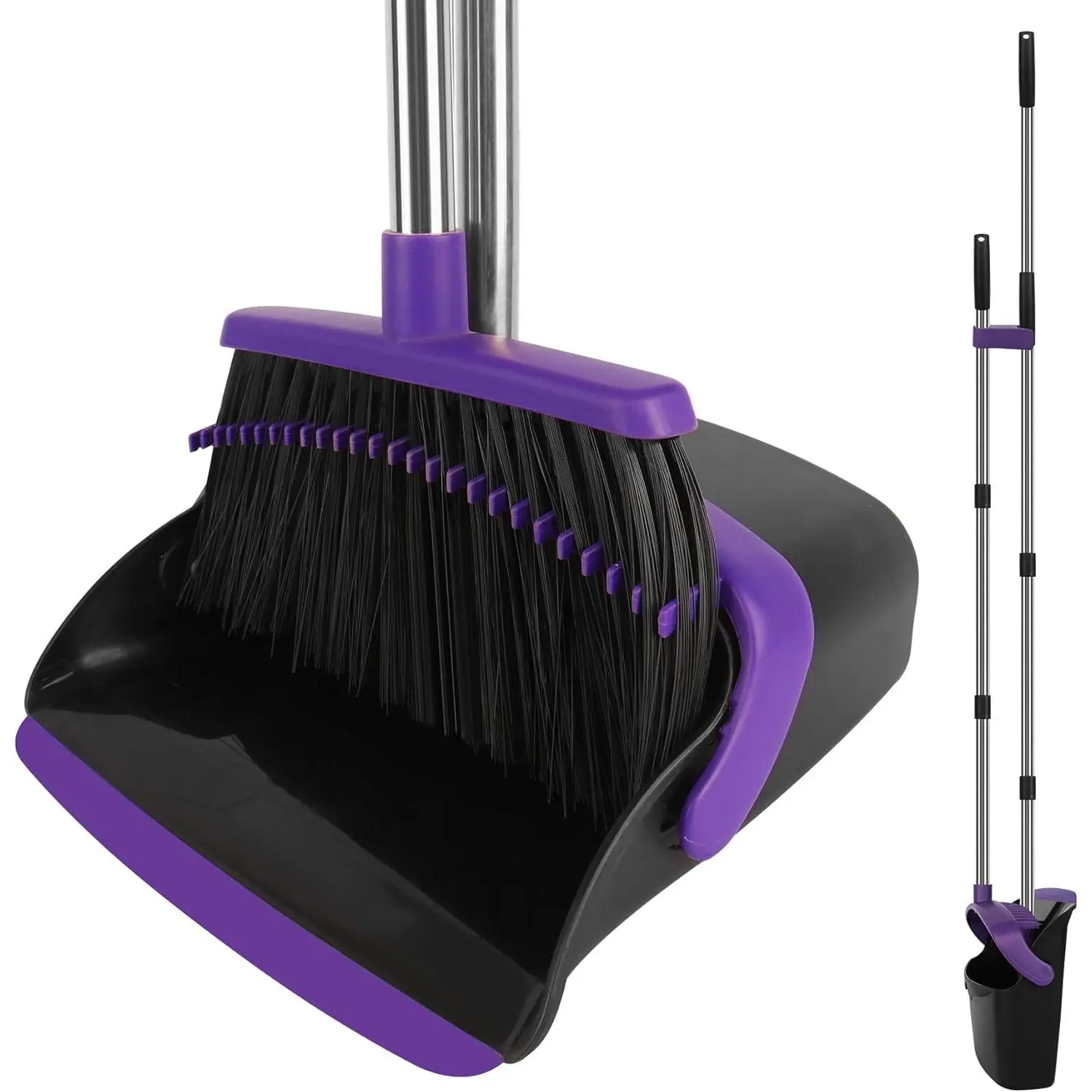 Broom and Dustpan Set, Large Household Dustpans and Broom with 55 Inch Long Handle, Pueple Broom with Dustpan Combo Set for