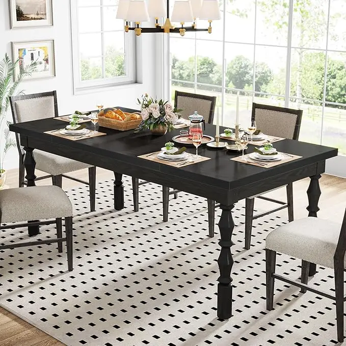 Tribesigns Wood Black Dining Table for 4-6 People, 62” Farmhouse Large Rectangle Kitchen Table, Dining Room Furniture with Carved Turned Legs Tribesigns Wood Black Dining Table for 4-6 People, 62” Farmhouse Large Rectangle Kitchen Table, Dining Room Furniture with Carved Turned Legs