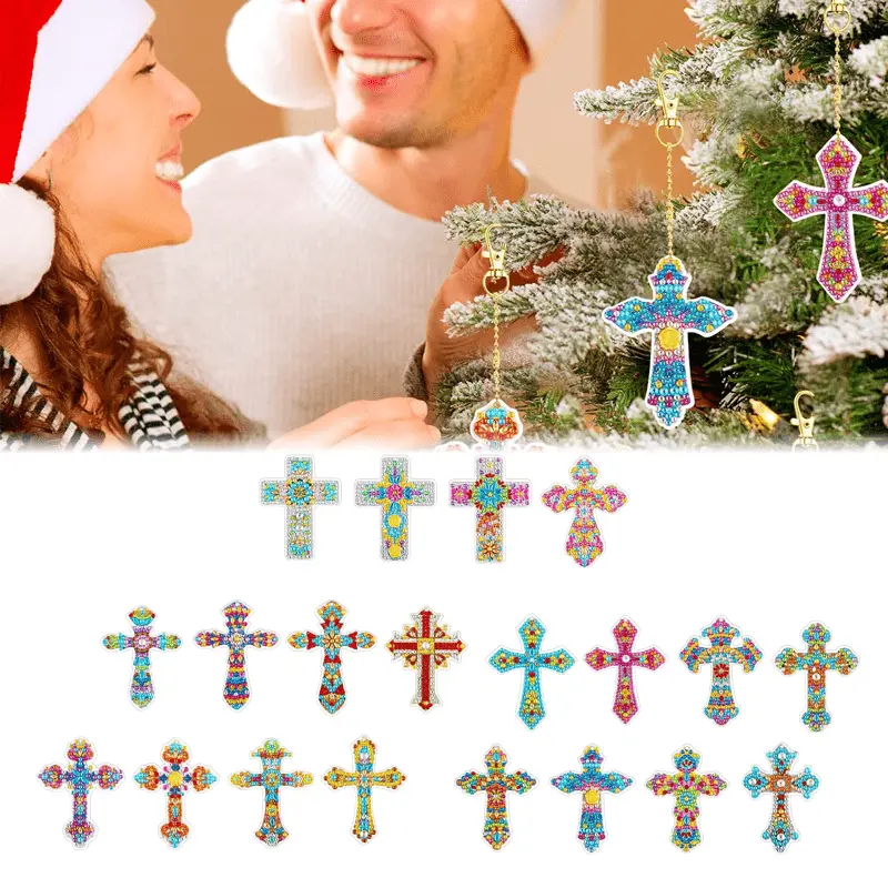 20-Pcs Polyester Fabric Double-Sided Cross Shape Faith Symbol Shiny Rhinestones DIY Crafts Keychains Kit with Tray, Accessory Tools, Beautiful Patterns and Colors Sewing & Haberdashery Accessory for House Decor, Party Gifts, Cross Shapes