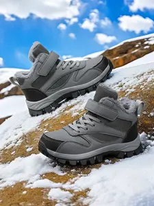 Winter Snow Boots Mid-Calf Sports Casual Outdoor Shoes, Fluffy Snow Boots, Striped Design, Hook Loop Closure, PU Lining, Anti-Slip Tpr Sole