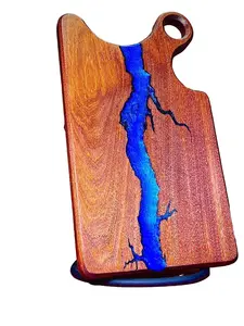 CHAR-CUTERIE BOARDS Mahogany Hardwood Cheese / Cutting Board with Fractal Burn Blue Resin Filled Inlay Unique Design and Shape