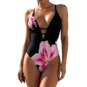 Women's Deep V Cutout One Piece Swimsuit Pink Lily Floral Print Tummy Control High Cut Bathing Suit Beach Vacation Pool Party Outfit Bikini Set for Midsize Curvy Women cheeky Slimming waisted rash guard