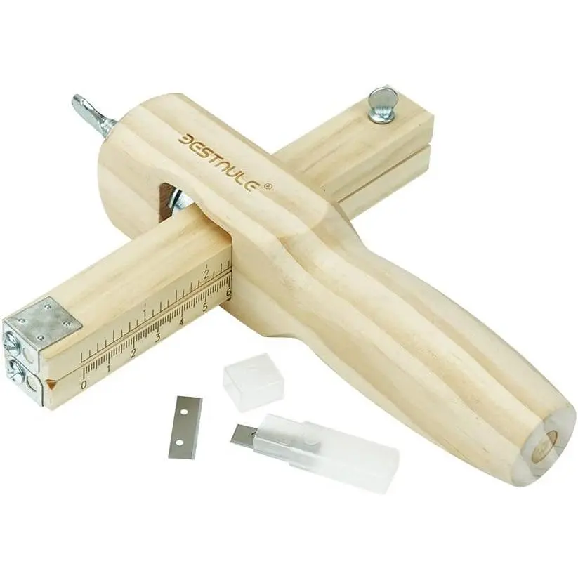 BESTNULE Ergonomic Leather Strip & Strap Cutter - 1pc High-Quality Wood Solid Hand Tool, 1.0-5.0mm Adjustable Thickness, Measurement Scale, 3 Sharp Blades, No Battery, Easy Assembly, Leathercraft Accessory for DIY Belt Making, Well-Packaged