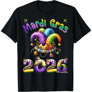 Mens 2026 Mardi Gras Jester Outfit Trendy Graphic Tee T-Shirt