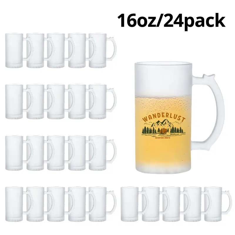 24-Pack 16oz Frosted Mix Glass Sublimation Beer Mugs with Handles, Reusable Customizable Heat Press Printable Washable Kitchen Drinkware
