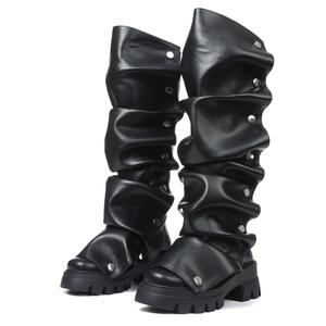 EROCALL Women's Knee High Thigh High Slouchy Boots Round Toe Ruched Stiletto Heel Shark Booties for Office Party Walking Shoes Footwear summerwins,summerwins