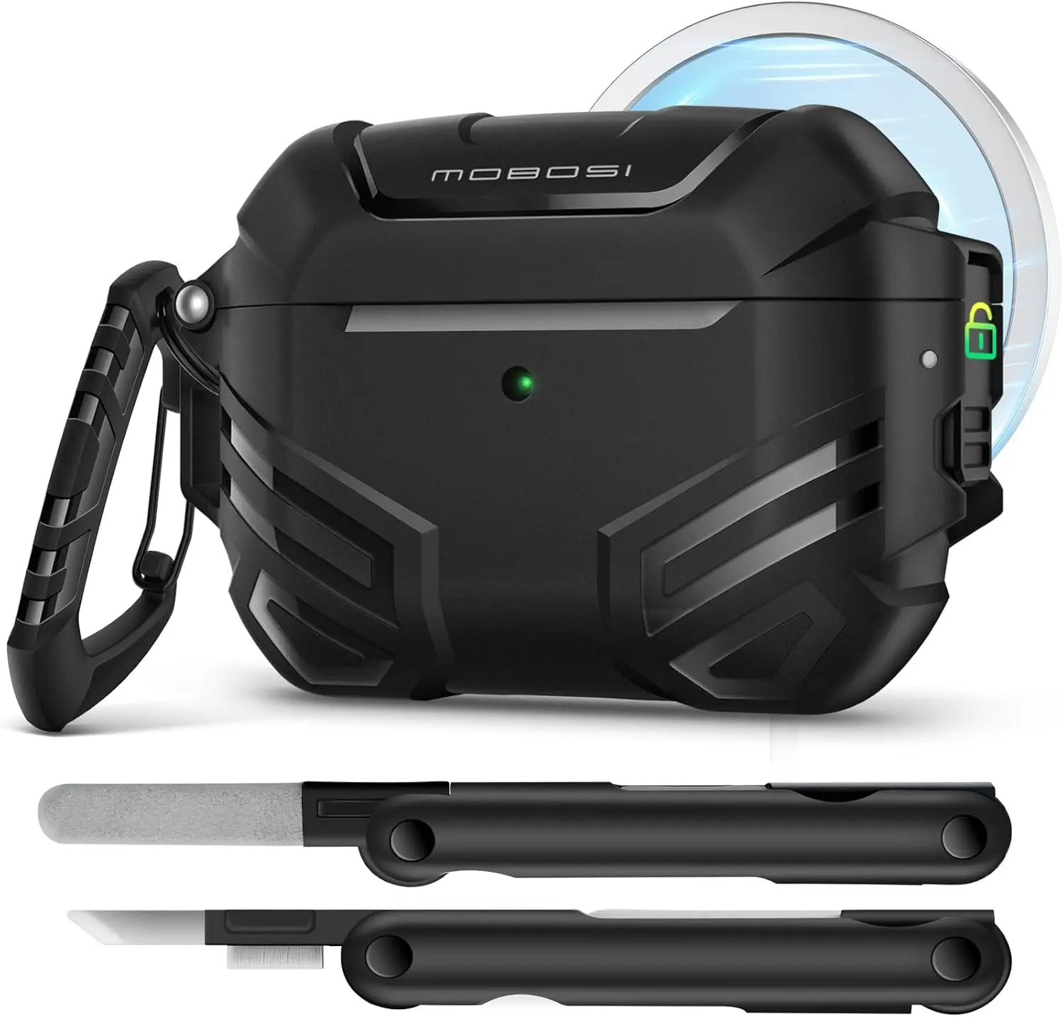 MOBOSI Portable Lightning Wired Charging Case for AirPods Pro 3rd Gen Wireless Earbuds, MagSafe-Compatible, Military-Grade Hard Shell with Lock, Cleaner Kit, Keychain, Enhanced Protection
